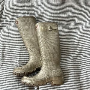 Hunter tall rain boots, champagne color, snake skin design